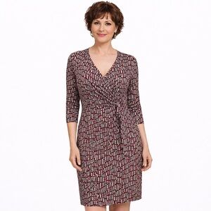 Laundry By Design Red Black White Geometric Print Faux Wrap Dress 3/4 sleeve 12P